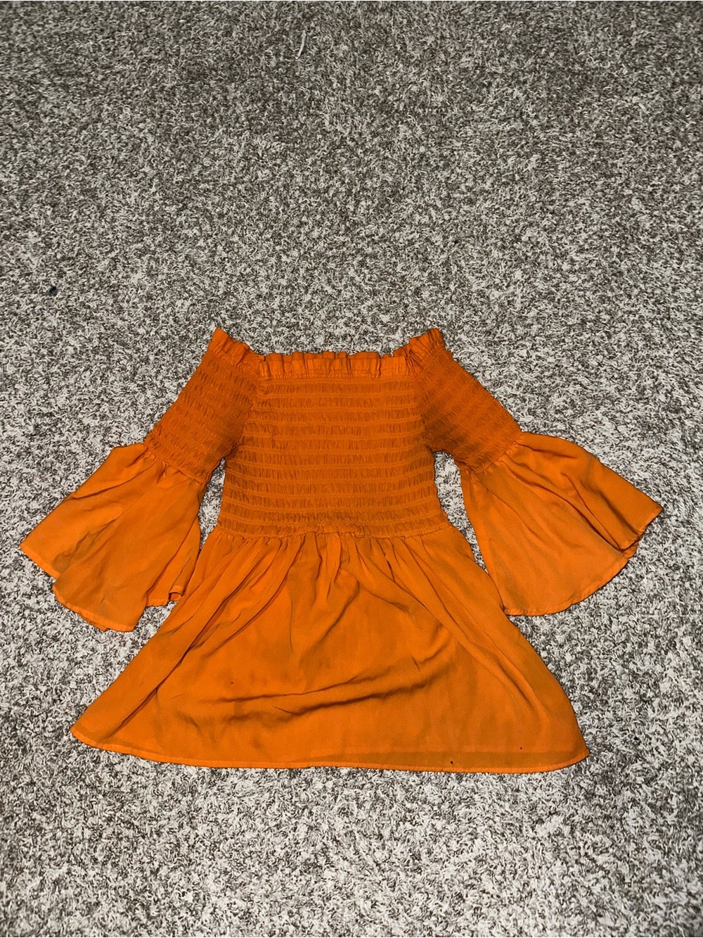 Rouge Helium Orange Off-Shoulder Smocked Dress with Bell Sleeves